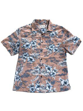 Milano Bay Mens Medium Hawaiian Shirt Dusty Pink Blue Floral Hibiscus Palm